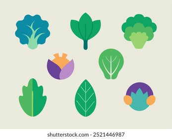 A set of eight vector illustrations featuring various types of leafy greens, perfect for adding a touch of freshness to your designs. These icons are ideal for use in food and beverage branding.