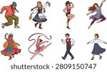 A set of eight vector illustrations showcasing diverse dance styles and cultural traditions. Includes hip‑hop dancer in streetwear, folk dancer in traditional attire