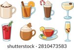 A set of eight vector illustrations showcasing festive and seasonal drinks. Includes hot chocolate with whipped cream, spiced drink with cinnamon and orange, tall coffee or cocoa with candy cane, creamy cocktail with star anise, cranberry punch with rosemary, gingerbread cocoa, lemon mint tea and champagne flute with fruit pieces. Ideal for holiday graphics, beverage branding, seasonal projects, celebration campaigns and creative drink‑related content.