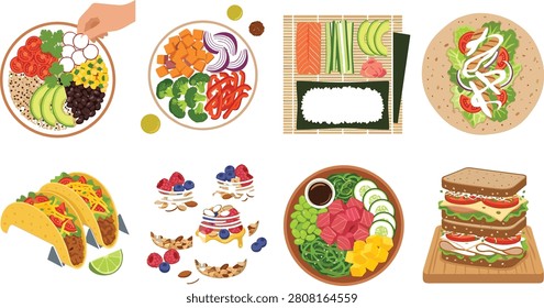 A set of eight vector illustrations showcasing diverse healthy meals including salad bowls, vegetable dishes, sushi preparation, wraps, tacos, parfaits, poke bowls, and sandwiches. Perfect for culinary projects, nutrition themes, recipe designs, and food‑related creative resources.