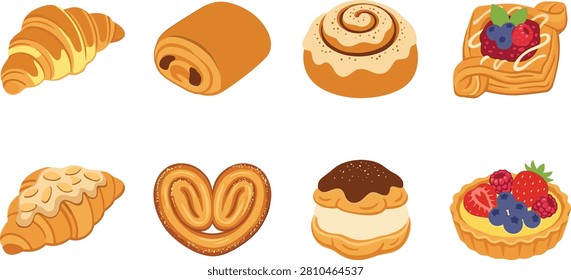 A set of eight vector illustrations showcasing classic pastries. Includes croissant, pain au chocolat, cinnamon roll with icing, fruit Danish with berries, almond croissant, palmier puff pastry, cream puff with chocolate topping and fruit tart with custard and berries. Ideal for culinary graphics, bakery branding, recipe projects, dessert campaigns and creative pastry‑related content.