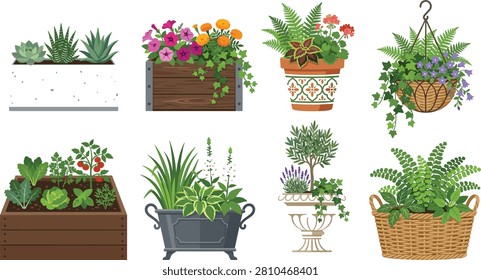 A set of eight vector illustrations showcasing diverse planters with plants and flowers. Includes rectangular concrete box, wooden planter, decorative ceramic pot, hanging basket, metal container, classical stone urn and woven wicker basket. Each holds greenery, succulents, herbs or flowering plants. Ideal for botanical graphics, gardening branding, home décor projects, floral campaigns and creative plant‑related content.