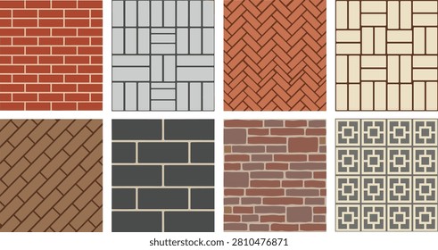 A set of eight vector illustrations showcasing brick, tile and masonry layouts. Includes redwall, gray rectangular and square tile grid, red herringbone , beige alternating tile, brown herringbone brick, dark gray block pattern, red irregular  wall and gray geometric tile motifs. Ideal for architectural graphics, construction branding, design projects, masonry campaigns and creative texture‑related content.