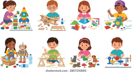 A set of eight vector illustrations showing children engaged in creative and educational activities such as building models, crafting, origami, robotics, clay modeling, and engineering projects. Ideal for classroom resources, STEM education, and playful learning designs.