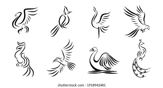 Set of eight vector images of different birds. Line drawing Can be used as a symbol Marks or logos are acceptable.