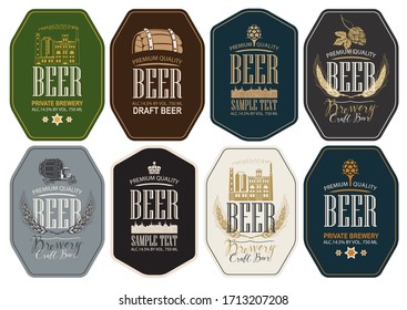 Set of eight vector labels for beer and brewery in retro style. Labels with brewery building, wooden barrel, hop cones, ears wheat and inscriptions in figured frames