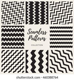 Set of Eight Vector Seamless Black and White ZigZag Lines Patterns Collection. Abstract Geometric Background Design