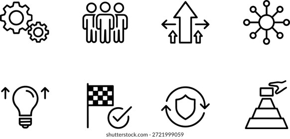 Um conjunto de oito ícones de silhueta vetorial para design de negócios e tecnologia, incluindo engrenagem, pessoas, seta, rede, lâmpada, bandeira, escudo e cone de aviso.