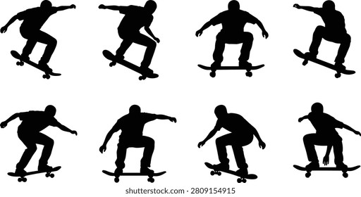 A set of eight vector silhouettes showcasing a skateboarder performing an aerial trick sequence. Includes crouching preparation, lift‑off, mid‑air balance and landing stages. Ideal for sports graphics, skateboarding branding, youth culture projects, extreme sports campaigns and creative silhouette‑related content.