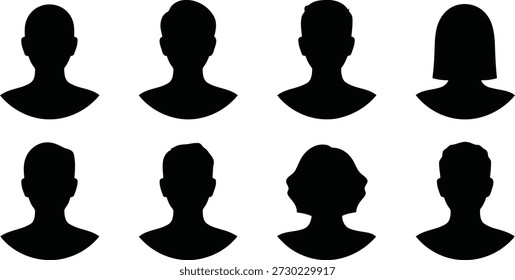 A set of eight versatile user profile silhouettes, ideal for anonymous accounts, social media, or online platform placeholders on a white backdrop.