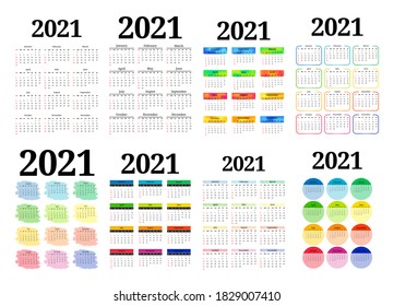 Conjunto de ocho calendarios verticales para 2021 aislados en un fondo blanco. De domingo a lunes, plantilla de negocios. Ilustración del vector