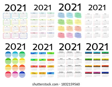 Set von acht vertikalen Kalender für 2021 einzeln auf weißem Hintergrund. Von Sonntag bis Montag, Geschäftsvorlage. Vektorgrafik