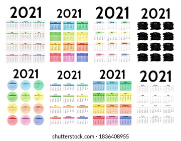 Set of eight vertical calendars for 2021 isolated on a white background. Sunday to Monday, business template. Vector illustration