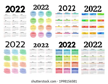 Set of eight vertical calendars for 2022 isolated on a white background. Sunday to Monday, business template. Vector illustration