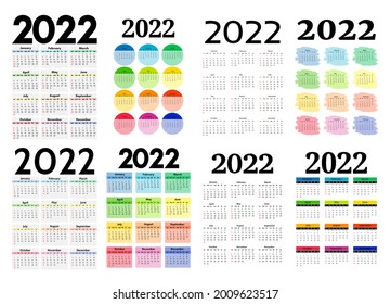 Set of eight vertical calendars for 2022 isolated on a white background. Sunday to Monday, business template. Vector illustration