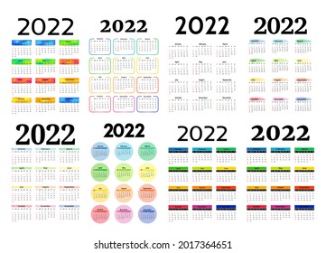 Conjunto de ocho calendarios verticales para 2022 aislados en un fondo blanco. De domingo a lunes, plantilla de negocios. Ilustración del vector