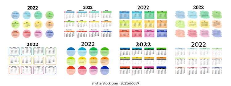 Conjunto de ocho calendarios verticales para 2022 aislados en un fondo blanco. De domingo a lunes, plantilla de negocios. Ilustración del vector