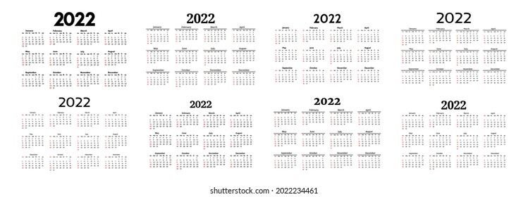 Set of eight vertical calendars for 2022 isolated on a white background. Sunday to Monday, business template. Vector illustration