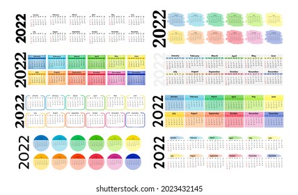Set of eight vertical calendars for 2022 isolated on a white background. Sunday to Monday, business template. Vector illustration
