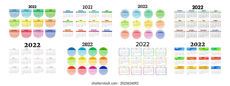 Set of eight vertical calendars for 2022 isolated on a white background. Sunday to Monday, business template. Vector illustration