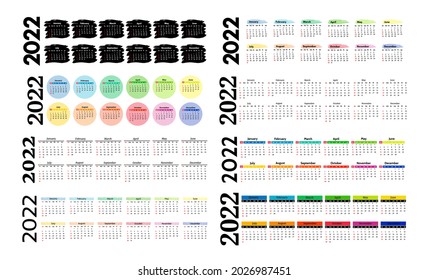 Set of eight vertical calendars for 2022 isolated on a white background. Sunday to Monday, business template. Vector illustration