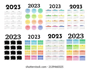 Set of eight vertical calendars for 2023 isolated on a white background. Sunday to Monday, business template. Vector illustration