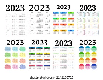 Set of eight vertical calendars for 2023 isolated on a white background. Sunday to Monday, business template. Vector illustration