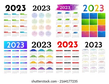 Conjunto de ocho calendarios verticales para 2023 aislados en un fondo blanco. De domingo a lunes, plantilla de negocios. Ilustración del vector