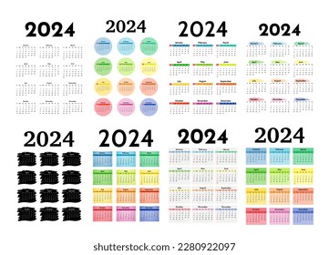 Conjunto de ocho calendarios verticales para 2024 aislados en un fondo blanco. De domingo a lunes, plantilla de negocios. Ilustración del vector