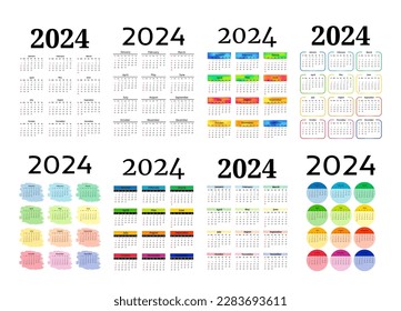 Conjunto de ocho calendarios verticales para 2024 aislados en un fondo blanco. De domingo a lunes, plantilla de negocios. Ilustración del vector