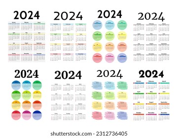Set of eight vertical calendars for 2024 isolated on a white background. Sunday to Monday, business template. Vector illustration