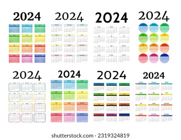 Set of eight vertical calendars for 2024 isolated on a white background. Sunday to Monday, business template. Vector illustration