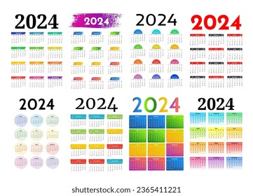 Set of eight vertical calendars for 2024 isolated on a white background. Sunday to Monday, business template. Vector illustration