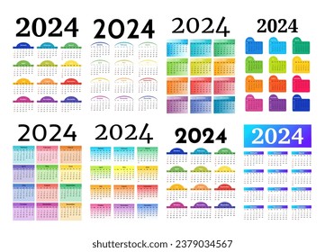 Set of eight vertical calendars for 2024 isolated on a white background. Sunday to Monday, business template. Vector illustration