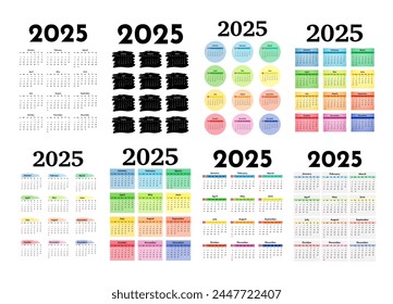 Set of eight vertical calendars for 2025 isolated on a white background. Sunday to Monday, business template. Vector illustration