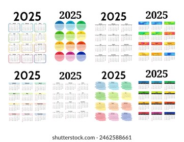 Conjunto de ocho calendarios de Vertical para 2025 aislados sobre un fondo blanco. De domingo a lunes, Plantilla de negocios. Ilustración vectorial