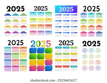 Conjunto de oito calendários verticais para 2025 isolados sobre um fundo branco. De domingo a segunda-feira, modelo de negócios. Ilustração vetorial