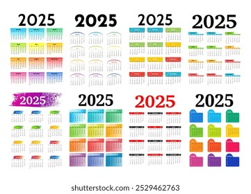 Conjunto de oito calendários verticais para 2025 isolados sobre um fundo branco. De domingo a segunda-feira, modelo de negócios. Ilustração vetorial