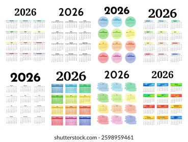 Set of eight vertical calendars for 2026 isolated on a white background. Sunday to Monday, business template. Vector illustration