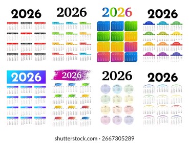 Set of eight vertical calendars for 2026 isolated on a white background. Sunday to Monday, business template. Vector illustration