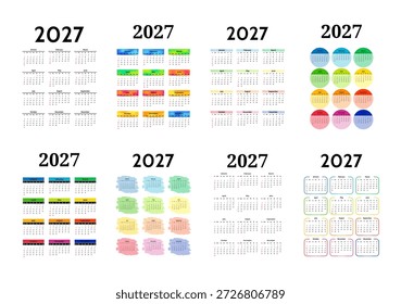 Conjunto de ocho calendarios de Vertical para 2027 aislados sobre un fondo blanco. De domingo a lunes, Plantilla de negocios. Ilustración vectorial