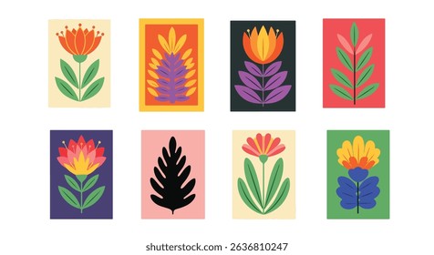 Set of eight vibrant abstract floral illustrations in bold color blocks. Modern, stylish botanical designs perfect for prints and decor