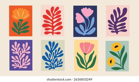 Set of eight vibrant abstract floral illustrations in bold color blocks. Modern, stylish botanical designs perfect for prints and decor