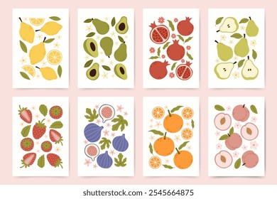 Conjunto de ocho diseños de póster de frutas vibrantes con limones, aguacates, granadas, peras, fresas, higos, naranjas, melocotones. Ilustraciones coloridas modernas para la decoración de la cocina, arte de la pared, vida sana