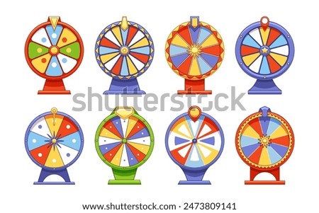 Set Of Eight Vibrant Game Wheels Of Fortune With Diverse Designs And Color Schemes, Cartoon Vector Illustration