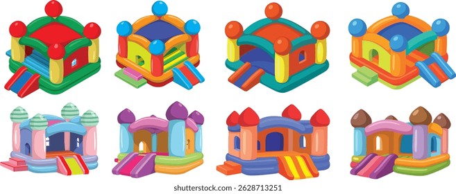 A set of eight vibrant inflatable bounce houses with unique colors and playful turrets create a lively atmosphere, perfect for children's entertainment.