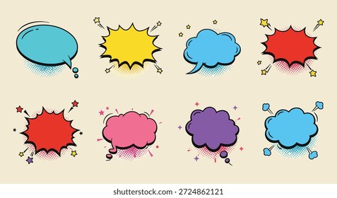 Um conjunto de oito balões vibrantes, estilizados e bolhas de pensamento em várias formas e cores, que lembram a arte dos quadrinhos.