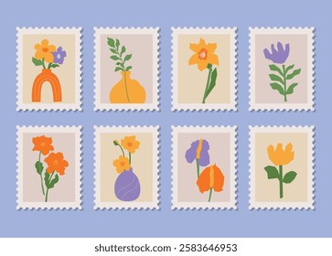 Set of eight vintage postage stamps featuring abstract floral illustrations with various flowers, stems, and leaves on a pastel background in vintage style.