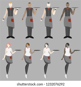 Set of eight waiters, girls and men salver. Taking order. Flat simple vector illustration for web and print