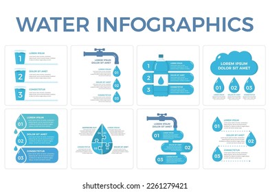 Conjunto de ocho plantillas infográficas de agua con gotas de agua, botella, gafas y grifo, vectores eps10 ilustración